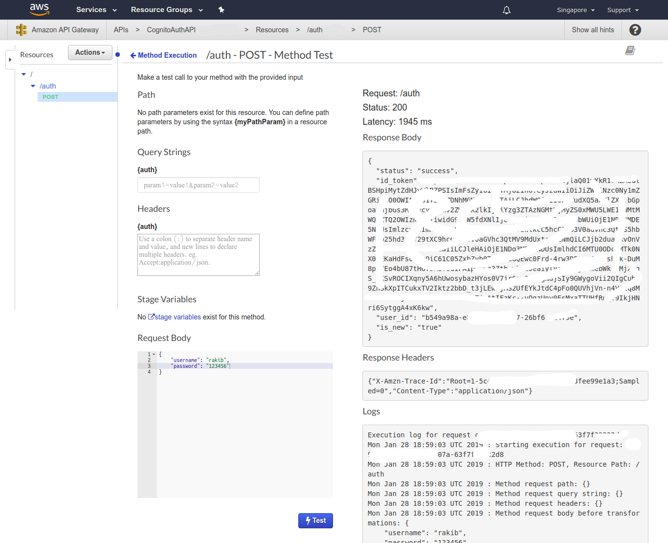 API Gateway test result