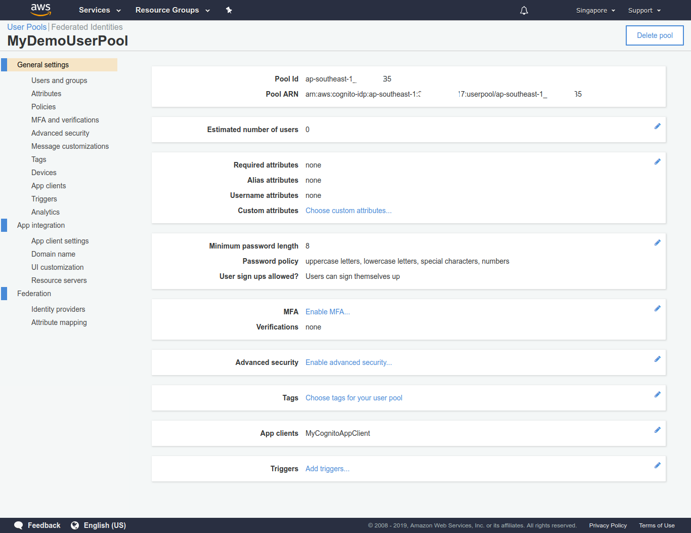 Cognito User Pool Settings